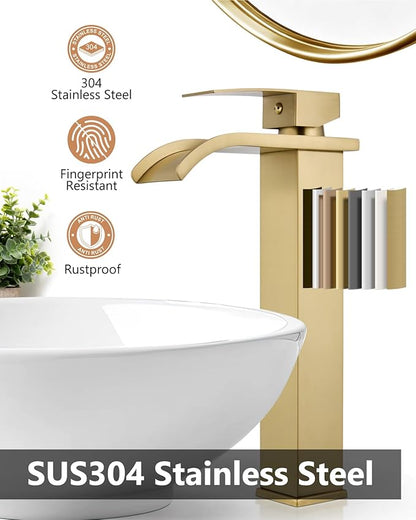 Vessel Sink Faucet Waterfall Tall Bathroom Faucet Single Handle,Single Hole Lavatory Vanity Mixer Tap with Pop Up Drain and Supply Lines,Brushed Gold