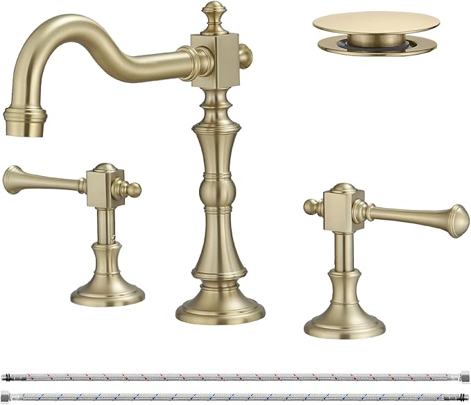BWE 8 Inch Vintage Brass Bathroom Faucet for Sink 3 Hole Brushed Gold Bathroom Sink Faucet with Pop-up Drain and Supply Lines 2 Handle Widespread Bathroom Faucet Solid Brass
