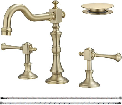 BWE 8 Inch Vintage Brass Bathroom Faucet for Sink 3 Hole Brushed Gold Bathroom Sink Faucet with Pop-up Drain and Supply Lines 2 Handle Widespread Bathroom Faucet Solid Brass