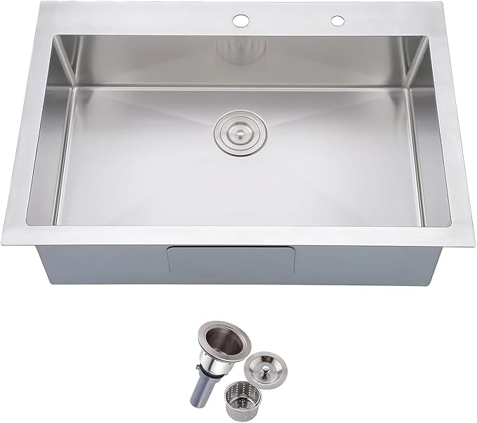 Friho 28 Inch Drop in Kitchen Sink, 28x18 Topmount Commercial Handmade 16 Gauge Single Bowl Stainless Steel Sink with Basket Strainer