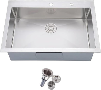 Friho 28 Inch Drop in Kitchen Sink, 28x18 Topmount Commercial Handmade 16 Gauge Single Bowl Stainless Steel Sink with Basket Strainer