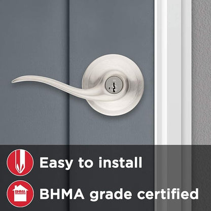 Kwikset Tustin Entry Door Handle with Lock and Key, Secure Keyed Reversible Lever Exterior, For Front Entrance and Bedrooms, Satin Nickel, Pick Resistant Smartkey Rekey Security and Microban