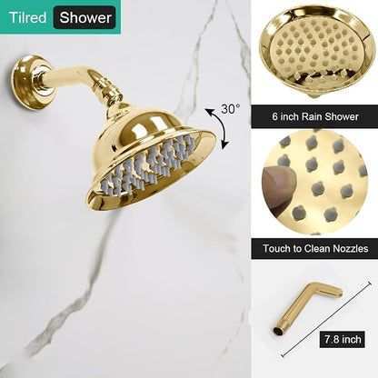 Dual Rain Shower Head System with Handheld Antique Faucet Set | Gold Finish, Multi-layer Plating, Vintage Rainfall, 3 Way Diverter Brass Valve with Trim Kit, Easy Install