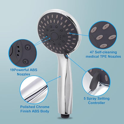 High Pressure Handheld Shower Head 5-Settings with Hard Water Filter | Powerful Water Spray, Against Low Pressure Water Flow, 59 Inch Stainless Hose, Adjustable Mount