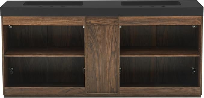 72" Bathroom Vanity with Double Sink, Freestanding Double Sink Bathroom Vanity with Black Engineered Stone Top, Open Storage Cabinet & Adjustable Shelf, 4 Soft-Closing Doors, Walnut