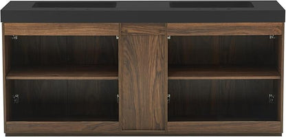72" Bathroom Vanity with Double Sink, Freestanding Double Sink Bathroom Vanity with Black Engineered Stone Top, Open Storage Cabinet & Adjustable Shelf, 4 Soft-Closing Doors, Walnut