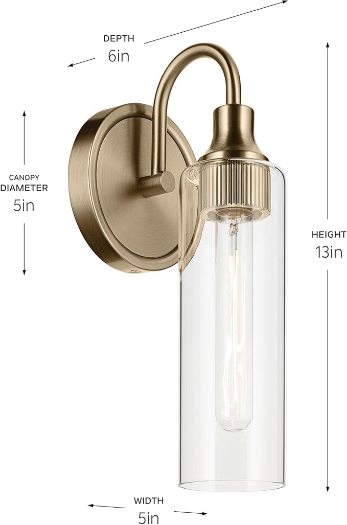 Kichler Kavi 5" 1-Light Wall Sconce with Clear Glass in Champagne Bronze, Damp Rated, for Bathroom, Powder Room, Kitchen, Hallway, Bedroom, Fireplace, (5" W x 13" H), 55209CPZ