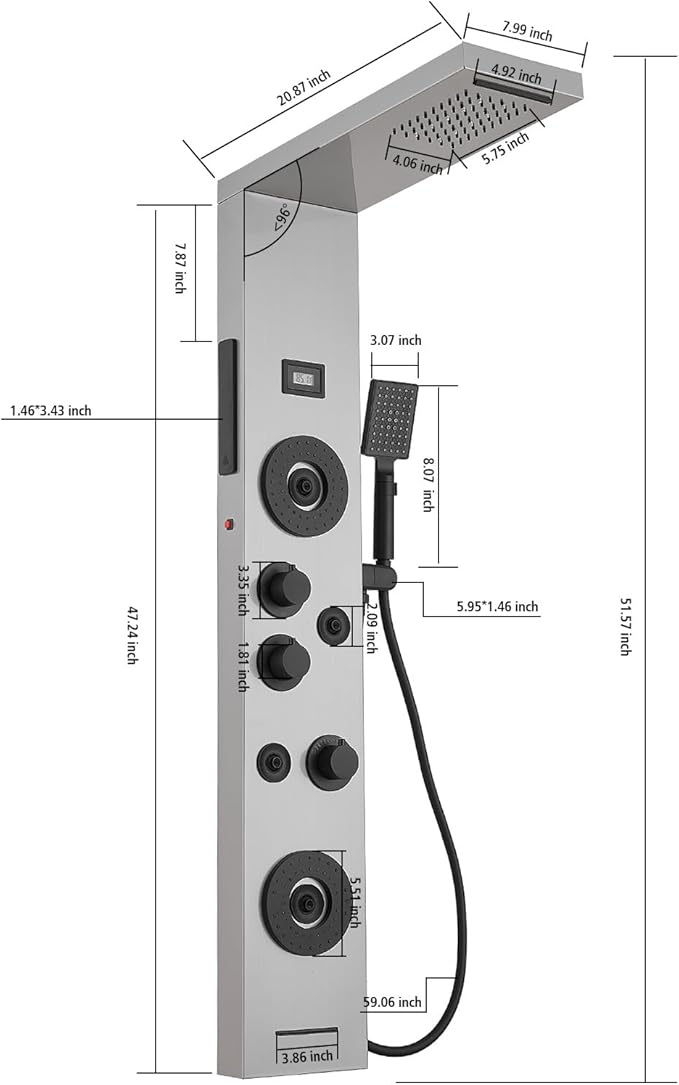 BWE Stainless Steel Shower Panel Tower System,LED Rainfall Waterfall Shower Head,4 Massage Body Jets,3 Functions Handhels Shower and Waterfall Tub Spout,Wall Mounted Shower Panel with Temp Display