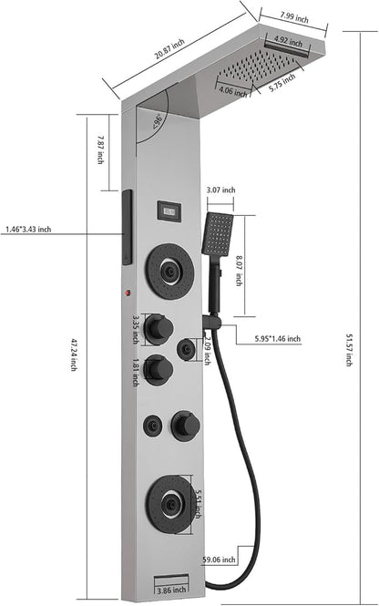 BWE Stainless Steel Shower Panel Tower System,LED Rainfall Waterfall Shower Head,4 Massage Body Jets,3 Functions Handhels Shower and Waterfall Tub Spout,Wall Mounted Shower Panel with Temp Display