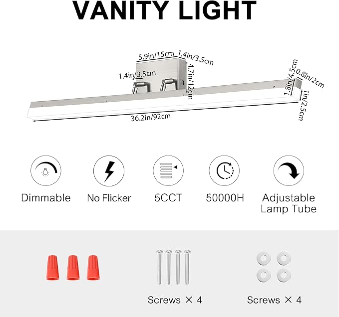 36in LED Vanity Light, Dimmable 36W 3000K-5000K 5CCT Modern Makeup Vanity Lighting Fixture, Brushed Nickel Adjustable Light Bar Over Mirror