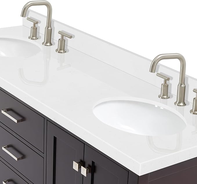 ARIEL Cambridge 66-inch Bathroom Vanity with Sink,Solid Wood, 1.5-inch Carrara White Quartz Countertop & Backsplash, Double Oval Porcelain Sink, 4 Soft Closing Doors, 6 Dovetail Drawers, Espresso