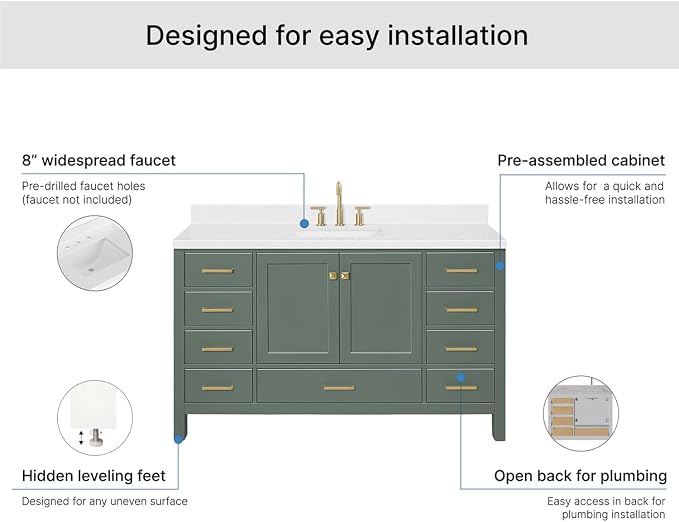 ARIEL Cambridge 60-inch Bathroom Vanity with Sink,Solid Wood, 1.5-inch Carrara White Quartz Countertop, Single Rectangular Porcelain Sink, 2 Soft Closing Doors, 9 Dovetail Drawers, Vintage Green