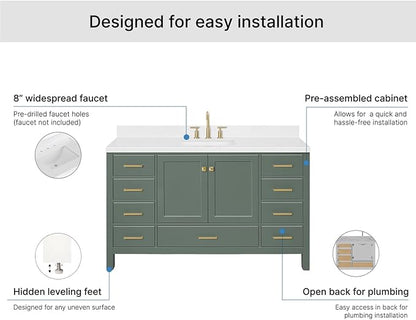 ARIEL Cambridge 60-inch Bathroom Vanity with Sink,Solid Wood, 1.5-inch Carrara White Quartz Countertop, Single Rectangular Porcelain Sink, 2 Soft Closing Doors, 9 Dovetail Drawers, Vintage Green
