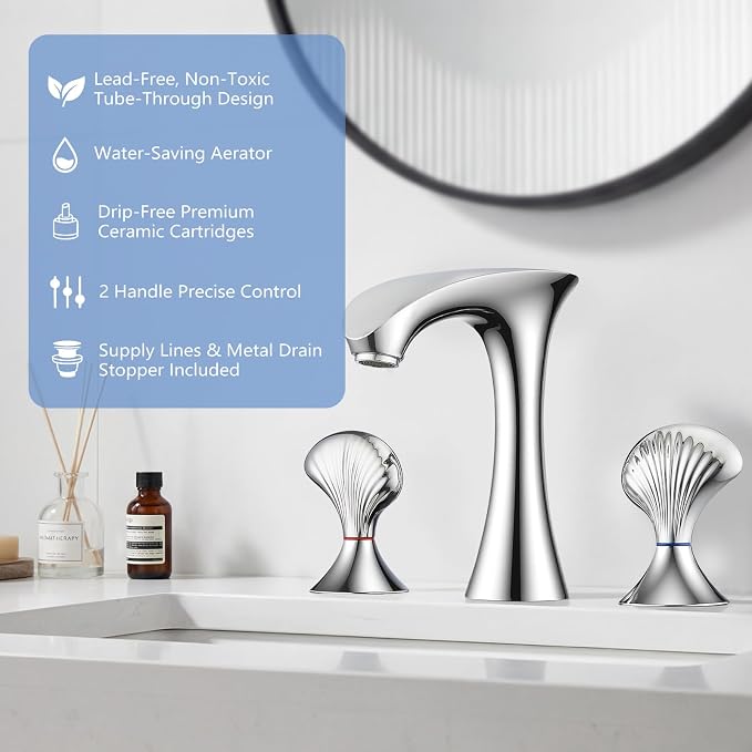 Chrome Bathroom Faucet 3 Hole, 8 Inch Widespread Bathroom Sink Faucet for Vanity, 2 Handle Bathroom Faucets, Bathroom Vanity Faucet with Pop-Up Drain and Supply Hoses