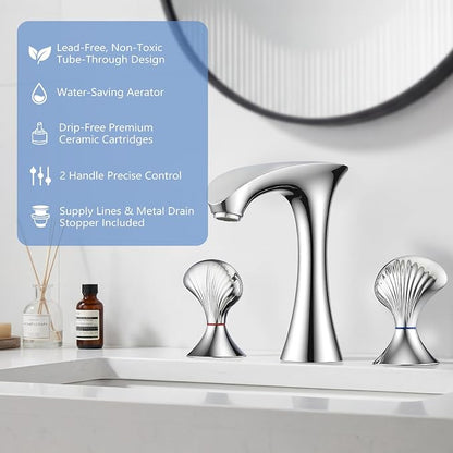 Chrome Bathroom Faucet 3 Hole, 8 Inch Widespread Bathroom Sink Faucet for Vanity, 2 Handle Bathroom Faucets, Bathroom Vanity Faucet with Pop-Up Drain and Supply Hoses