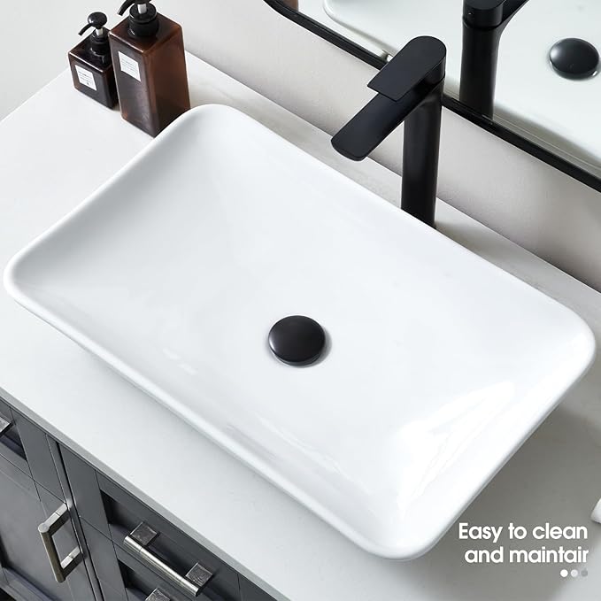 24*15 Inch Glossy White Modern Art Countertop Bathroom Vessel Sink, Decorative-Functional Ceramics Rectangle Vessel Sinks, Elegant Above Counter Large Washbasin Bowl for Bathroom Vanity, RVs