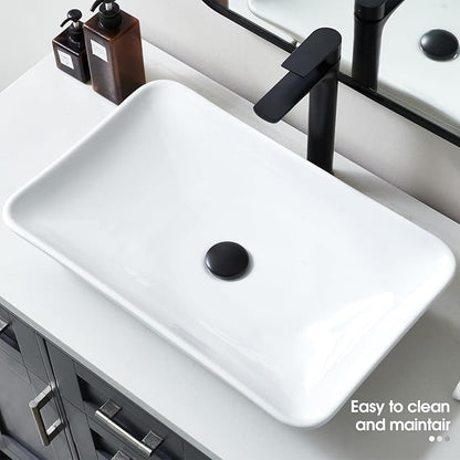 24*15 Inch Glossy White Modern Art Countertop Bathroom Vessel Sink, Decorative-Functional Ceramics Rectangle Vessel Sinks, Elegant Above Counter Large Washbasin Bowl for Bathroom Vanity, RVs