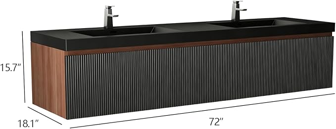 72 Inch Floating Bathroom Vanity with Double Sinks, Wall Mounted Striped Storage Cabinet, Soft Close Drawer, Black Quartz Sand Basin, Fully Assembled, Smoked Walnut Finish