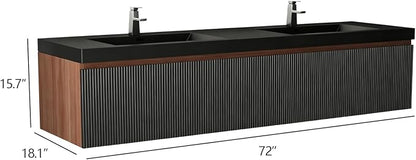 72 Inch Floating Bathroom Vanity with Double Sinks, Wall Mounted Striped Storage Cabinet, Soft Close Drawer, Black Quartz Sand Basin, Fully Assembled, Smoked Walnut Finish