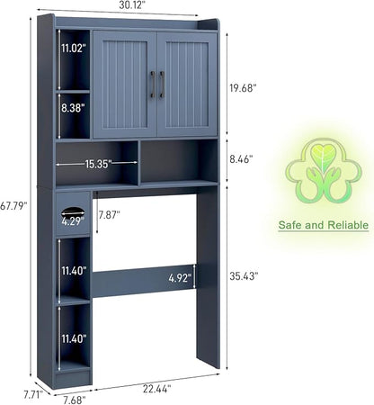 Vabches Farmhouse Over The Toilet Storage Cabinet with Barn Door, Blue | Storage Cabinet Over Toilet, Home Space-Saving Toilet Rack, for Bathroom, Restroom, Laundry