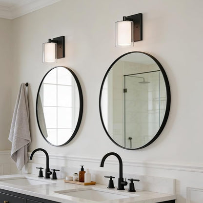 Wall Sconces Set of Two, Modern Matte Black Vanity Wall Lights | Double Clear Glass Shades With E26 Base, Farmhouse Wall Lights For Bathroom, Bedroom, Living Room, Mirror And Hallway.