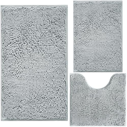 BOANKODU 3 Piece Bathroom Rugs Set, Extra Soft & Shag Chenille Bath Mat, Non-Slip PVC Backing, Machine Washable Absorbent Bath Mats for Bathroom, Toilet Rug, Home Decor (Light Grey)
