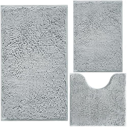 BOANKODU 3 Piece Bathroom Rugs Set, Extra Soft & Shag Chenille Bath Mat, Non-Slip PVC Backing, Machine Washable Absorbent Bath Mats for Bathroom, Toilet Rug, Home Decor (Light Grey)