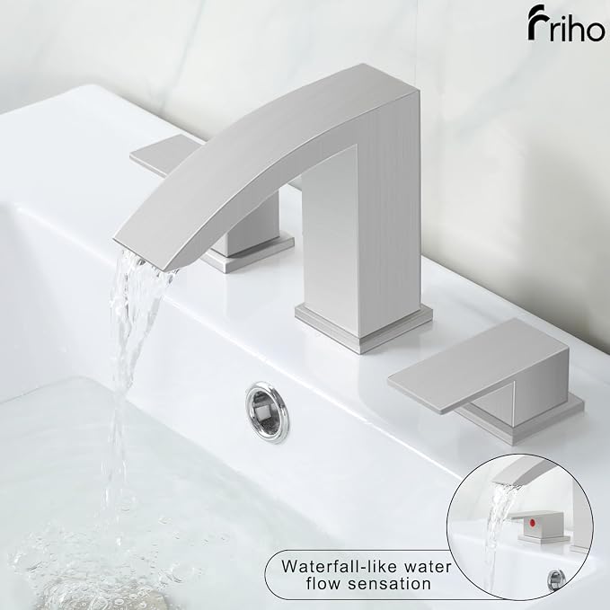 Friho Widespread Bathroom Sink Faucet 3 Hole Brushed Nickel, 2 Handles Waterfall Bathroom Faucet with Pop Up Drain and Supply Lines, FRDC17808L