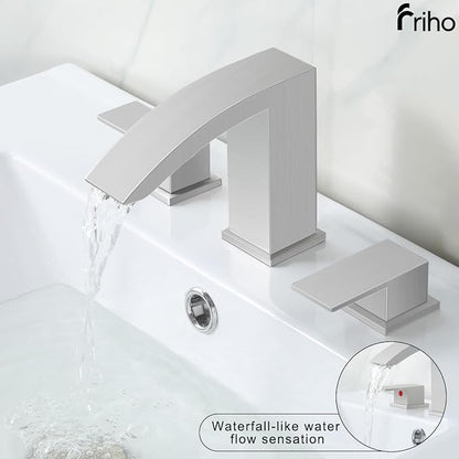 Friho Widespread Bathroom Sink Faucet 3 Hole Brushed Nickel, 2 Handles Waterfall Bathroom Faucet with Pop Up Drain and Supply Lines, FRDC17808L