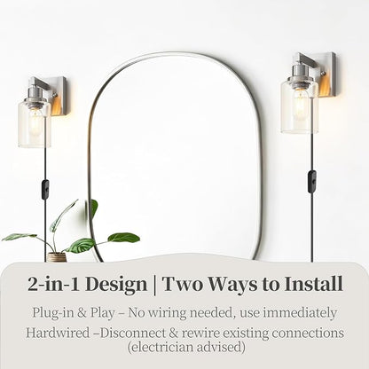 Plug in Wall Sconces Set of 2, Modern Corded Wall Sconce, Bedroom Wall Sconces with Clear Glass, Wall Decor Set of 2 Brushed Nickel Wall Lamps for Bedroom Living Room