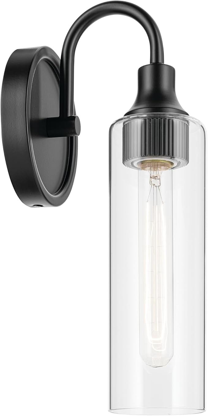 Kichler Kavi 5" 1-Light Wall Sconce with Clear Glass in Black, Damp Rated, for Bathroom, Powder Room, Kitchen, Hallway, Bedroom, Fireplace, (5" W x 13" H), 55209BK