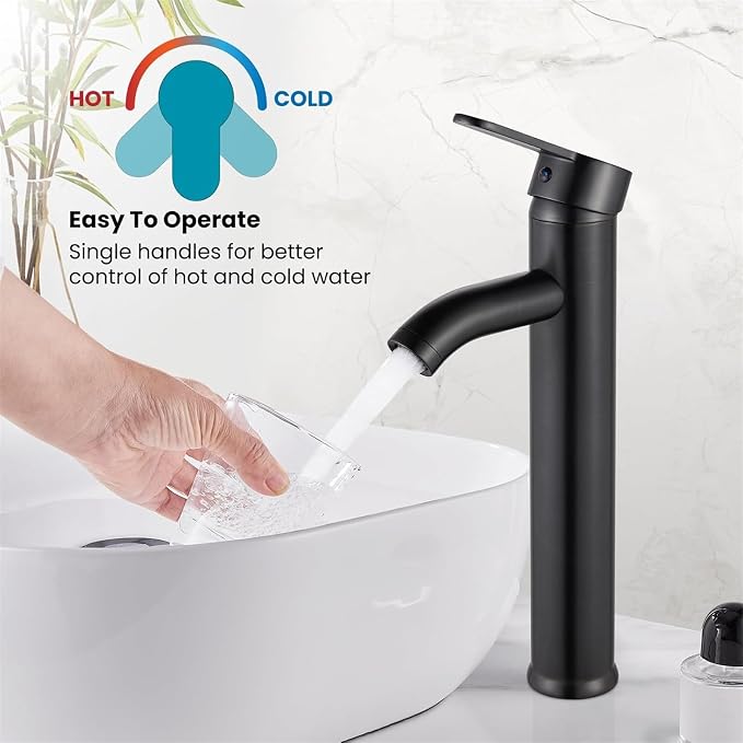 gotonovo Modern Vessel Sink Faucet with ABS Pop Up Drain, Oil Rubbed Bronze | Modern Tall Bathroom Faucet 1 Hole Single Handle Round Body, cUPC Water Supply Hoses, Basin Mixer Tap for Vanity Lavatory Rv