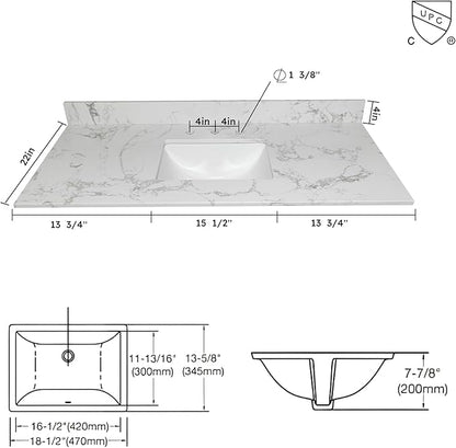 Montary 42" Bathroom Vanity with 43" Artificial Marble Carrara White Top, Modern Stylish MDF Bathroom Storage Cabinet, Vanity Set with 2 Doors and One Large Divided Drawer, White (Three Holes)