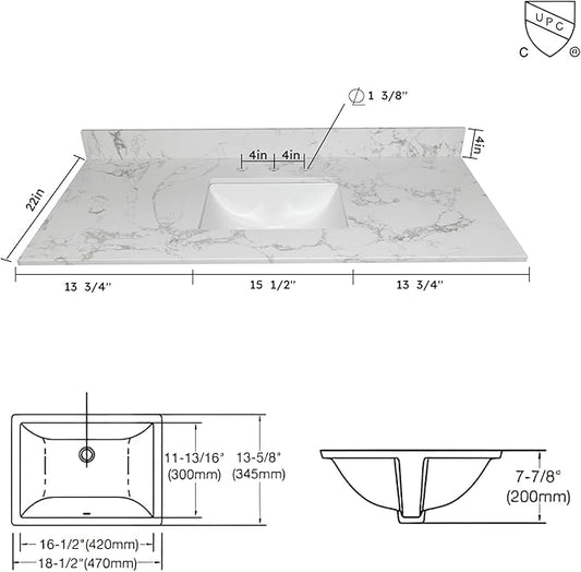 Montary 42" Bathroom Vanity with 43" Artificial Marble Carrara White Top, Modern Stylish MDF Bathroom Storage Cabinet, Vanity Set with 2 Doors and One Large Divided Drawer, White (Three Holes)
