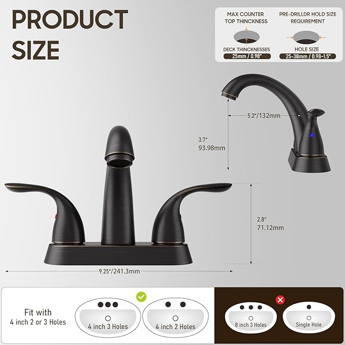 Phiestina 4 Inch 2 or 3 Holes 2 Handles Centerset Lead-Free Bathroom Sink Faucet, Oil Rubbed Bronze Bathroom Faucet with Copper Pop Up Drain and Water Supply Lines, BF008-5-ORB