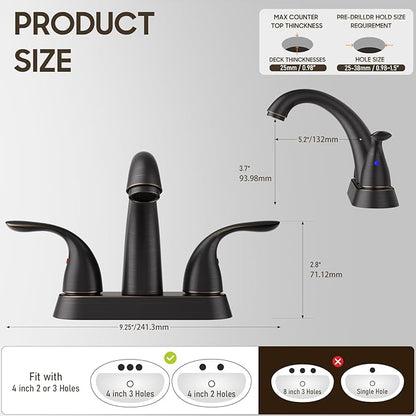Phiestina 4 Inch 2 or 3 Holes 2 Handles Centerset Lead-Free Bathroom Sink Faucet, Oil Rubbed Bronze Bathroom Faucet with Copper Pop Up Drain and Water Supply Lines, BF008-5-ORB