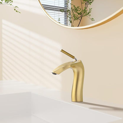 Brushed Gold Single Handle Bathroom Faucet - Lead-Free, Aerated Stream, Easy Install