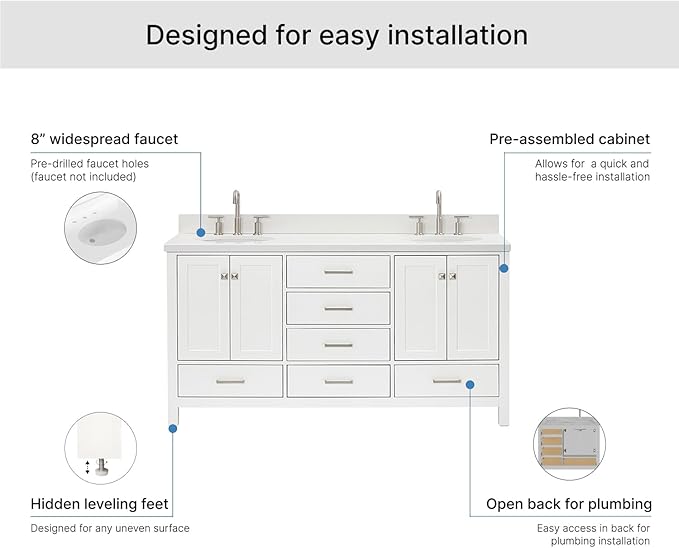 ARIEL Cambridge 66-inch Bathroom Vanity with Sink,Solid Wood, 1.5-inch Pure White Quartz Countertop & Backsplash, Double Oval Porcelain Sink, 4 Soft Closing Doors, 6 Dovetail Drawers, White
