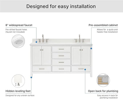 ARIEL Cambridge 66-inch Bathroom Vanity with Sink,Solid Wood, 1.5-inch Pure White Quartz Countertop & Backsplash, Double Oval Porcelain Sink, 4 Soft Closing Doors, 6 Dovetail Drawers, White