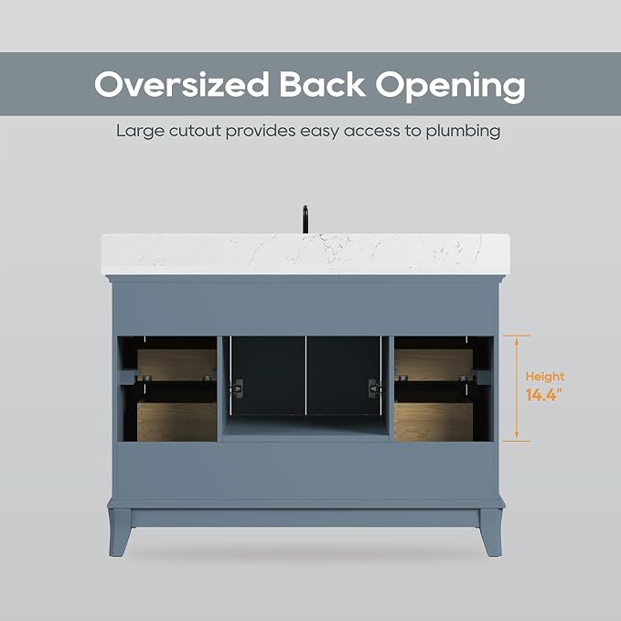48 Inch Bathroom Vanity with Sink, Modern Bathroom Vanity with White Quartz Countertop, Solid Wood Frame Bathroom Sink Cabinet with Soft Closing Doors & Dovetail Drawers, Steel Blue
