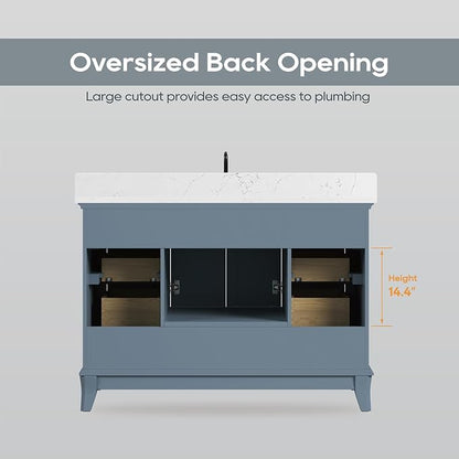 48 Inch Bathroom Vanity with Sink, Modern Bathroom Vanity with White Quartz Countertop, Solid Wood Frame Bathroom Sink Cabinet with Soft Closing Doors & Dovetail Drawers, Steel Blue