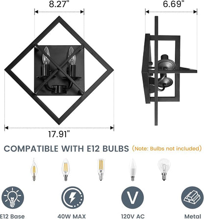Farmhouse Wall Sconce, Black Rustic, E12 2-Pack | Rustic Indoor Wall Light, 17.8 Inch, 2-Light, Hardwired, for Stairway, Living Room, Bedroom, Bathroom