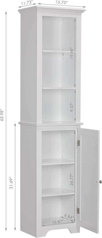 UTEX 64" Freestanding Storage Cabinet, Bathroom Tall Silm Cabinet with Doors and Adjustable Shelves, Free Standing Linen Tower, Home Storage Furniture, White