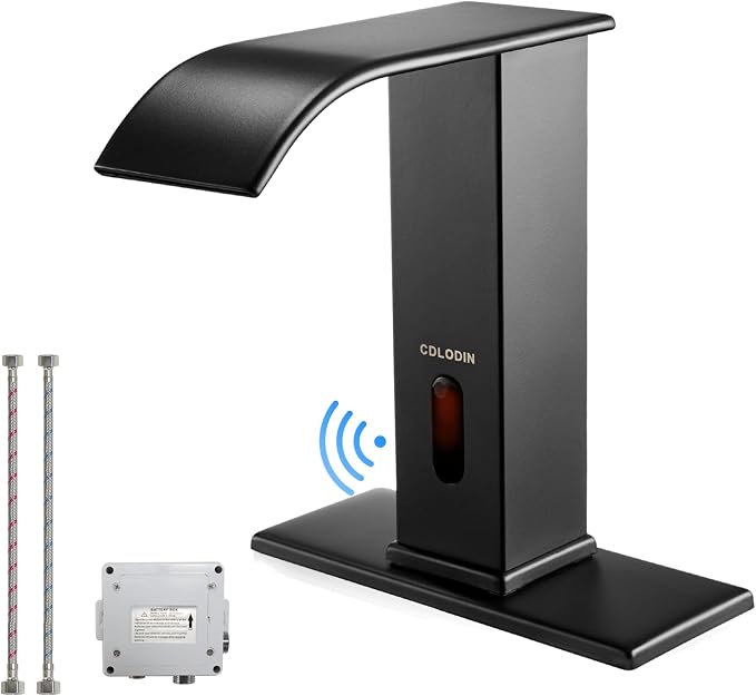 Touchless Bathroom Faucet, Automatic Sensor Waterfall Bathroom Tap, Modern Stainless Matte Black Sink, Hands Free Motion Sensor Lavatory Faucets for Sink 1 Hole