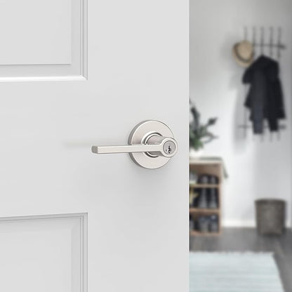 Kwikset Casey Entry Door Handle with Lock and Key, Secure Keyed Reversible Lever Exterior, for Front Entrance and Bedrooms, Satin Nickel, 4 Pack, Pick Resistant SmartKey Rekey Security and Microban