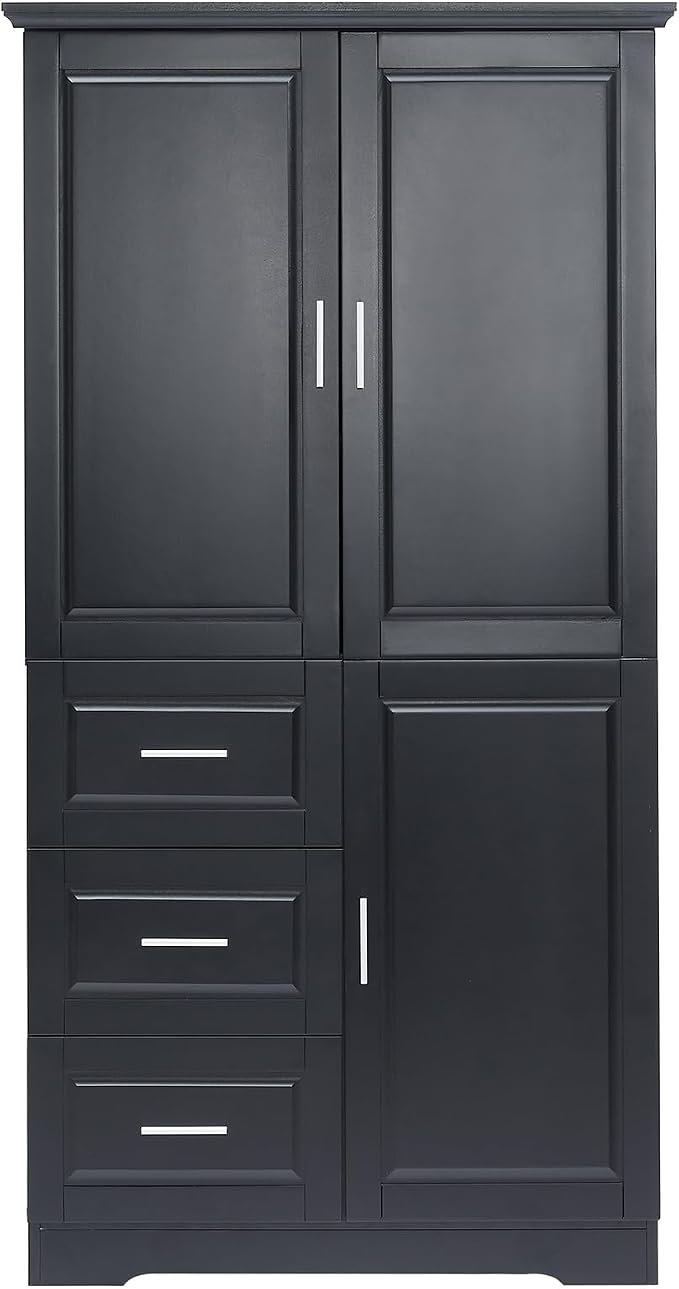 Merax 62.2" Pantry Cabinet with Three Doors & Three Drawers, Adjustable Shelves Storage Cupboard for Kitchen/Dining Room/Bathroom, Black