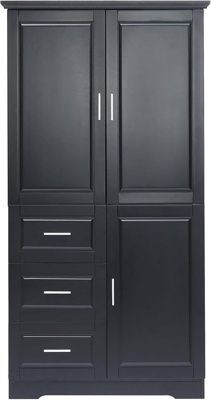 Merax 62.2" Pantry Cabinet with Three Doors & Three Drawers, Adjustable Shelves Storage Cupboard for Kitchen/Dining Room/Bathroom, Black