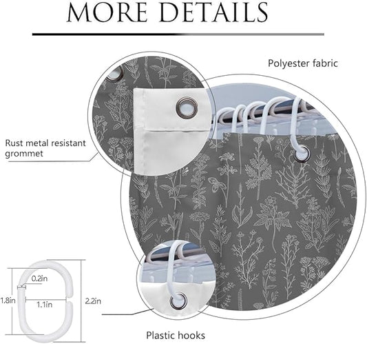 Coxila Vintage Floral Shower Curtain Gray Grey Retro Flower White Rustic Country Plant Botanical Cute Spring Boho Mens Elegant Antique Cottagecore Bathroom 60 x 72 Inch Polyester Fabric 12 Pack Hooks