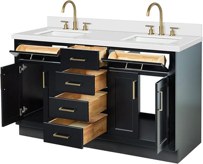 ARIEL Hepburn 60-inch Bathroom Vanity with Sink,Solid Wood, 1.5-inch Pure White Quartz Countertop & Backsplash, Double Rectangular Porcelain Sink, 4 Soft Closing Doors, 6 Dovetail Drawers, Black