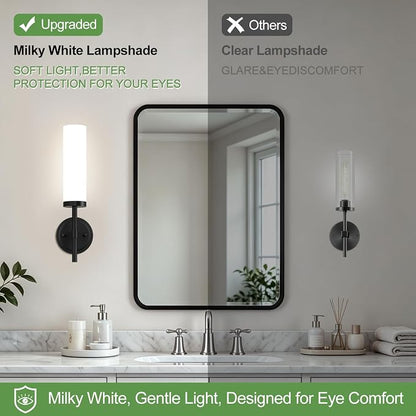 MOKATNG [Hardwired] Wall Sconces Set of Two, Matte Black Bathroom Sconces with Milky White Glass, Modern Wall Light Fixtures for Bathroom Mirror Vanity, Living Room, Hallway, Stairway, Cabinet, Foyer